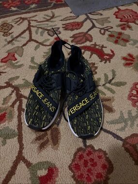 Versace Jeans Black with Neon Yellow Strap Knit Slip-On Sneakers